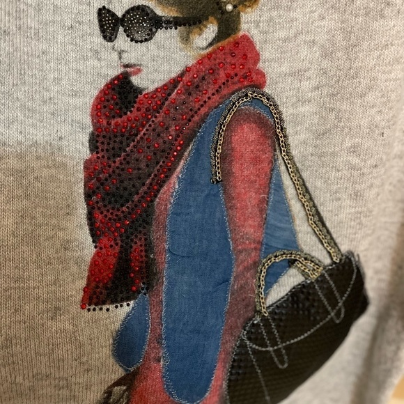 𝅺🎀 Graphic Bejewelled Ladies Longsleeve Wool Mix Top, Size M - Picture 4 of 10